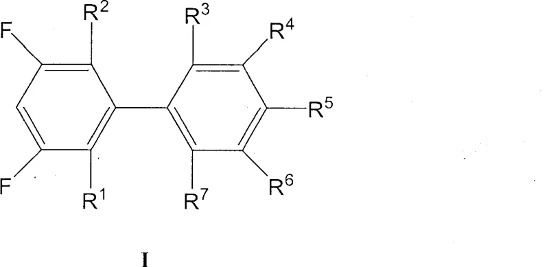 General structural formula of 3,5-difluoro biphenyl derivatives showing variable substituent positions