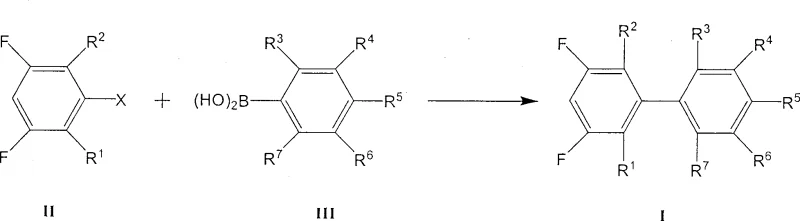 Reaction scheme showing coupling of difluorohalobenzene and phenylboronic acid to form the target derivative