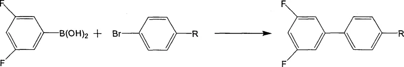 Prior art reaction scheme from US Patent 6200654 showing the use of expensive 3,5-difluorophenylboronic acid