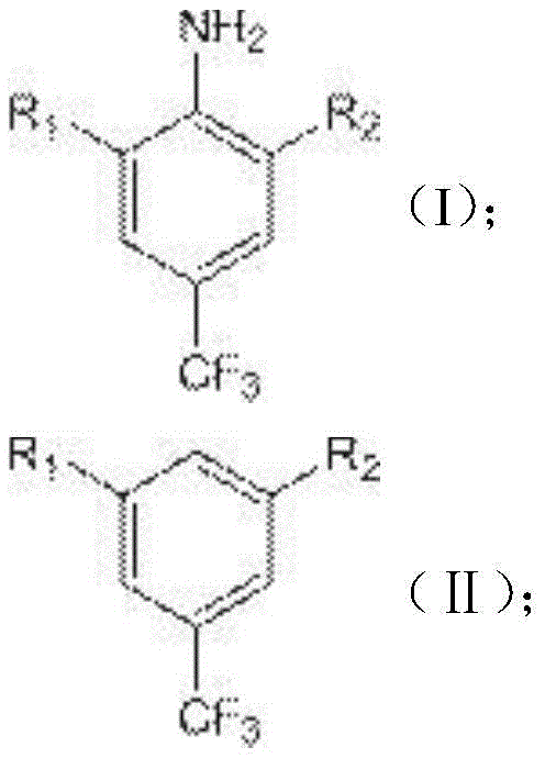 Chemical structure of 3,5-dihalo-4-aminobenzotrifluoride (Compound I) showing variable R1 and R2 substituents