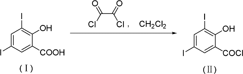 Conventional synthesis of 3,5-diiodo-2-hydroxybenzoyl chloride using oxalyl chloride showing toxic byproducts
