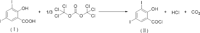 Novel synthesis of 3,5-diiodo-2-hydroxybenzoyl chloride using bis(trichloromethyl) carbonate and amine catalyst