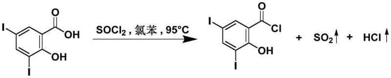 Conventional synthesis of 3,5-diiodo salicyloyl chloride using chlorobenzene solvent at high temperature