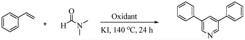 General reaction scheme showing the synthesis of 3,5-diphenylpyridine from styrene and DMF using KI and K2S2O8