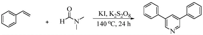 General reaction scheme showing the synthesis of 3,5-diphenylpyridine from styrene and DMF using KI and K2S2O8