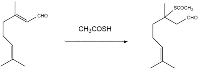 Reaction scheme showing the solvent-free 1,4-addition of thioacetic acid to citral to form 3,7-dimethyl-3-acetylmercapto-6-octenal