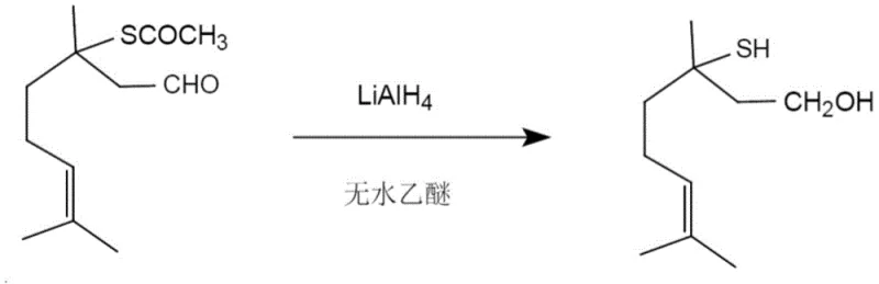 Chemical reaction scheme showing the one-step reduction of 3,7-dimethyl-3-acetylthio-6-octenal to 3,7-dimethyl-3-mercapto-6-octenol using LiAlH4