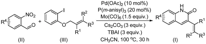 General reaction scheme showing the conversion of o-nitrobenzaldehyde and allyl aryl ether to quinolinone