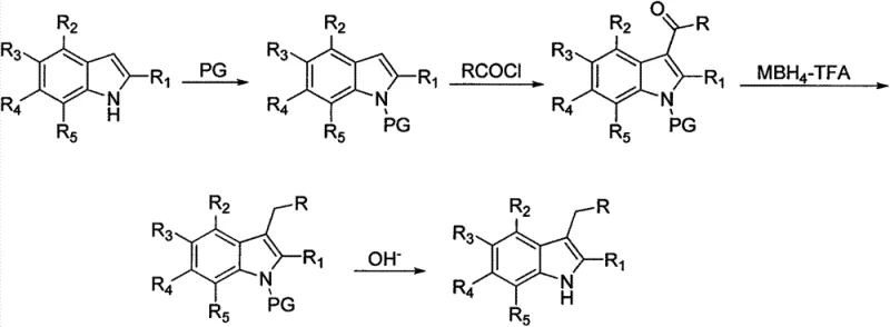 Detailed four-step synthetic route including protection, acylation, reduction, and deprotection