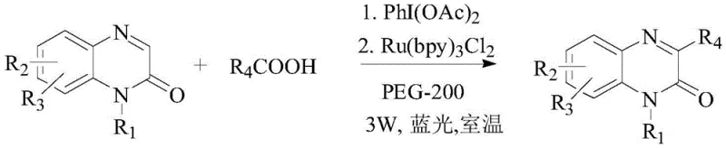 General synthetic route showing reaction of quinoxalinone with diacyloxyiodobenzene under photocatalysis