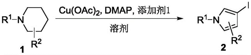 General reaction scheme for copper-catalyzed oxidative aromatization of N-substituted piperidine to iodopyrrole