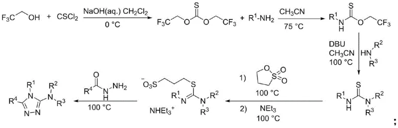 Prior art reaction scheme showing cumbersome multi-step synthesis pathway