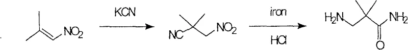 Prior art synthesis route using toxic potassium cyanide and iron reduction