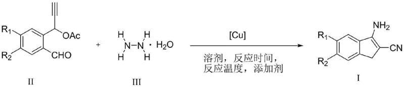 General reaction scheme showing copper-catalyzed synthesis of 3-amino-2-indenecarbonitrile from propargyl compounds and hydrazine hydrate