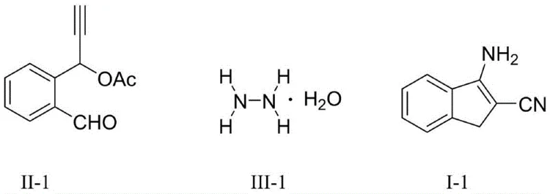 Specific example of the synthesis showing reactants II-1 and III-1 converting to product I-1 with high yield