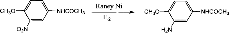 Chemical reaction scheme showing the Raney Nickel catalyzed hydrogenation of 3-nitro-4-methoxyacetanilide to 3-amino-4-methoxyacetanilide