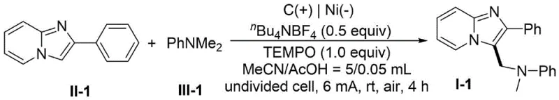Specific reaction conditions for Example 1 showing graphite anode, Ni cathode, and 98% yield