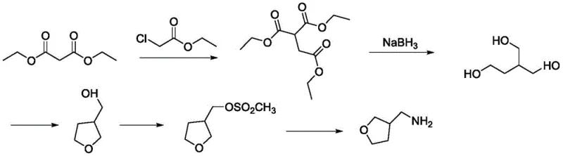 Conventional multi-step synthesis route using diethyl malonate showing complex reduction and sulfonation steps