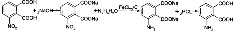 Reaction scheme showing the conversion of 3-nitrophthalic acid to 3-aminophthalic acid via sodium salt formation and hydrazine reduction