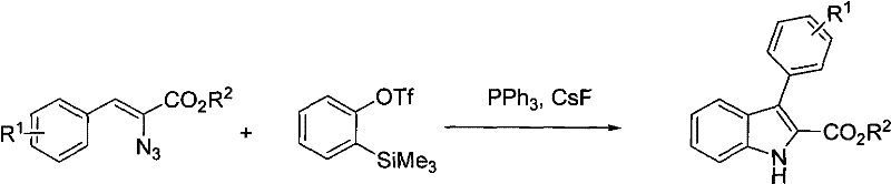 Novel benzyne-mediated cyclization reaction scheme for 3-aryl-2-carboxyindole synthesis