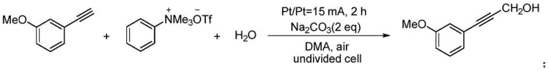 Reaction scheme for Example 1 showing electrochemical conversion of 3-ethynylanisole to the corresponding alcohol