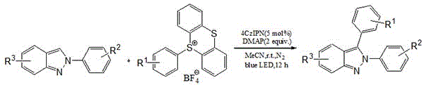 General reaction scheme showing visible light induced arylation of 2H-indazole using aryl sulfonium salt and 4CzIPN catalyst