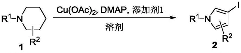 General reaction scheme showing copper-catalyzed oxidative conversion of N-substituted piperidine to iodopyrrole