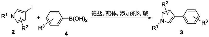 General reaction scheme showing palladium-catalyzed coupling of iodopyrrole with arylboronic acid