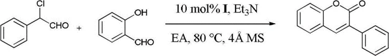 Specific synthesis example of 3-phenylcoumarin showing reactants and conditions