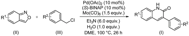 General reaction scheme showing the palladium-catalyzed synthesis of 3-arylquinolin-2(1H)one derivatives from benzisoxazole and benzyl chloride