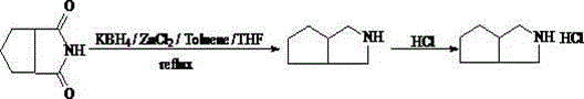 Chemical reaction scheme showing the reduction of 1,2-cyclopentanedicarboximide to 3-azabicyclo octane using KBH4 and ZnCl2