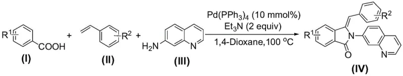 General reaction scheme for the synthesis of 3-benzylidene-2-(7'-quinoline)-2,3-dihydro-isoindol-1-one compounds using Pd catalysis
