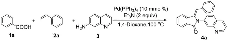 Specific synthesis example of compound 4a from benzoic acid, styrene and 7-aminoquinoline