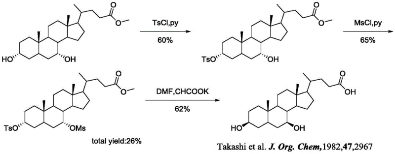 Historical synthesis route by Takashi et al. showing low 26% yield and harsh reagents