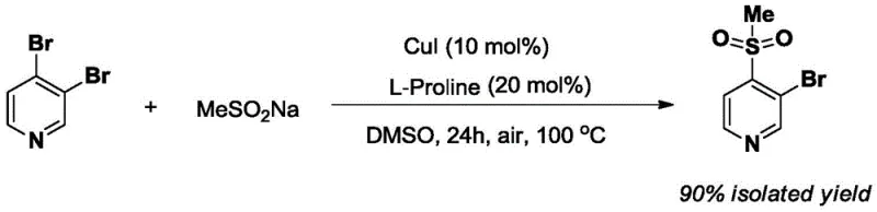 Reaction scheme showing CuI catalyzed synthesis of 3-bromo-4-methanesulfonylpyridine from 3,4-dibromopyridine and sodium methanesulfinate