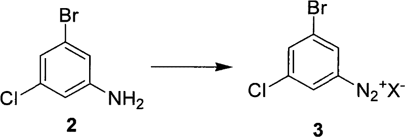 Diazotization reaction mechanism converting 3-bromo-5-chloroaniline to diazonium salt