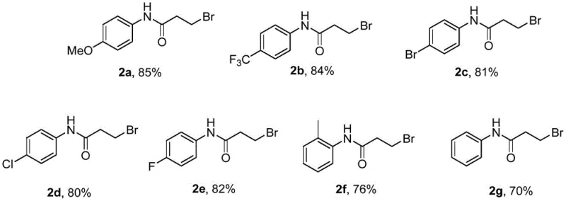Substrate scope table displaying various 3-bromo-N-arylpropionamide derivatives and their yields