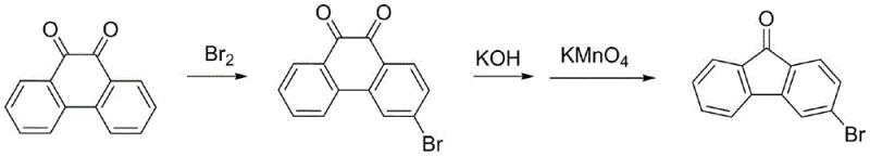 Conventional synthesis route using phenanthrenequinone showing slow rearrangement and low yield
