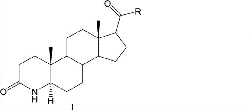 General chemical structure of 3-carbonyl-4-aza-5alpha-androstane compounds showing variable R groups