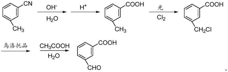 Reaction scheme showing the conversion of m-methylbenzonitrile to 3-carboxybenzaldehyde via hydrolysis, chlorination, and Sommelet reaction
