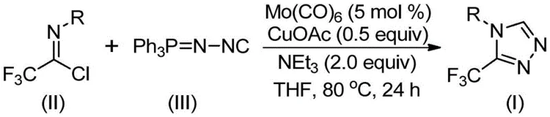 Dual catalytic reaction mechanism showing Mo(CO)6/CuOAc-mediated cycloaddition between trifluoroethylimidoyl chloride and functionalized isonitrile to form 3-trifluoromethyl triazole