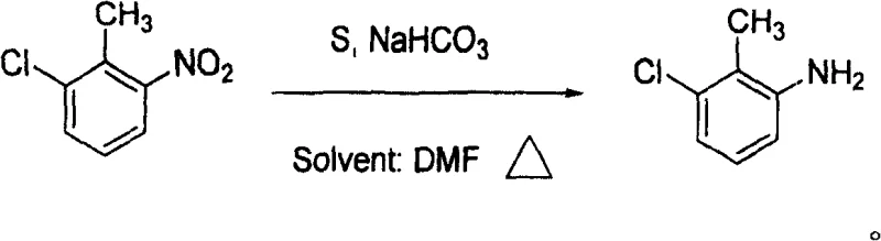 Reaction scheme showing the reduction of 2-chloro-6-nitrotoluene to 3-chloro-2-methylaniline using sulfur and sodium bicarbonate in DMF