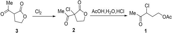 Reaction scheme showing the conversion of acetylbutyrolactone to 3-chloro-4-oxoacetic acid amyl ester via continuous flow