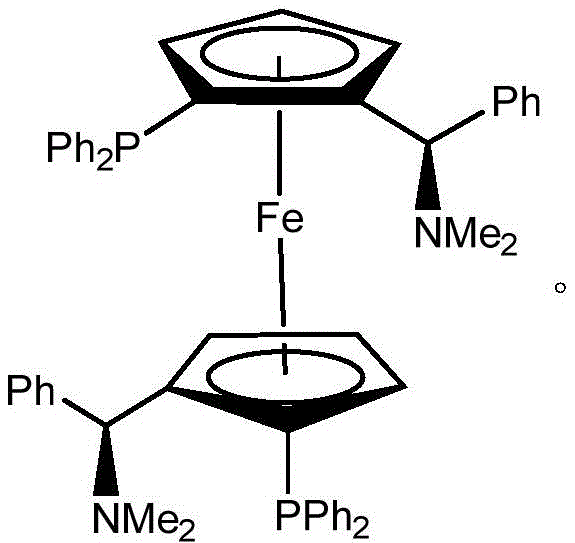 Chemical structure of the chiral ferrocene diphosphine ligand (S,S)-(-)-2,2'-bis[(R)-(N,N-dimethylamino)(phenyl)methyl]-1,1'-bis(diphenylphosphino)ferrocene used in the extraction system