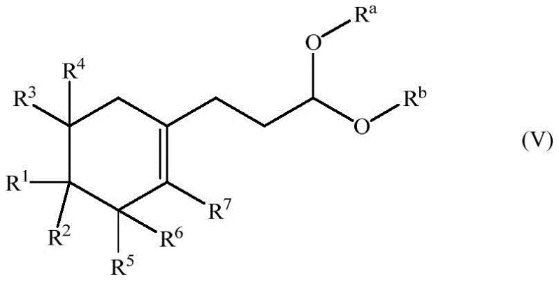Chemical transformation depicting the elimination and isomerization of Formula IV acetals to Formulas V and I
