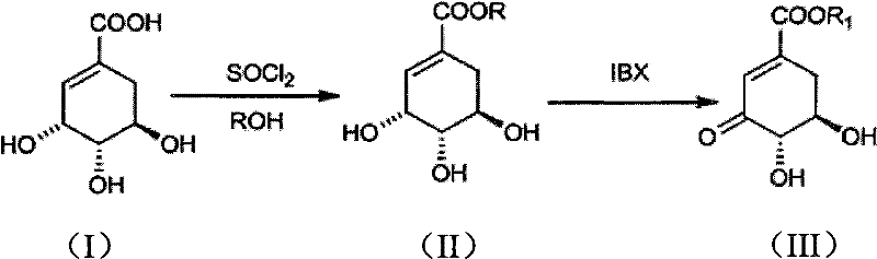 Reaction scheme showing the two-step synthesis from Shikimic Acid (I) to Shikimate Ester (II) via SOCl2/ROH, followed by oxidation to 3-Dehydroshikimic Ester (III) using IBX.