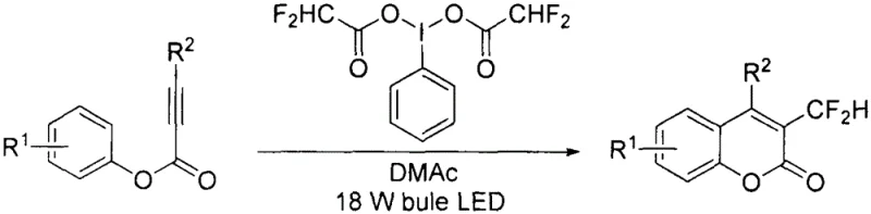 General reaction scheme for the synthesis of 3-difluoromethyl coumarins using hypervalent iodine reagent