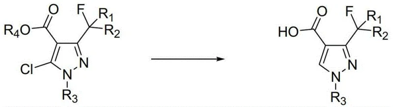 General reaction scheme showing the catalytic hydrogenation of 3-fluoro-alkyl-5-chloro-1-substituted pyrazole-4-carboxylic acid derivatives to remove chlorine