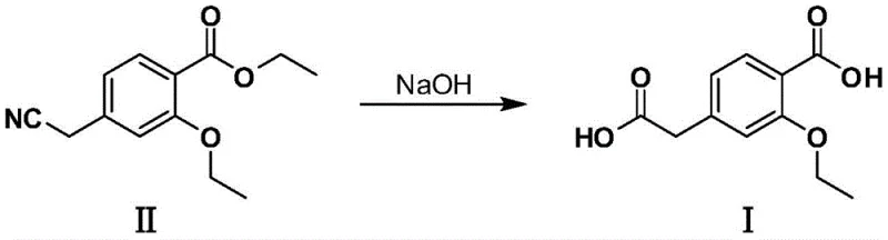 Prior art synthesis route involving nitrile hydrolysis (Formula II to I)