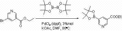 Conventional synthetic route using PdCl2(dppf) showing low conversion efficiency